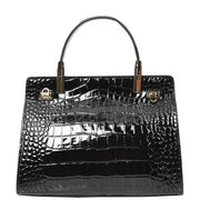 Womens Real Leather Handbag Glossy Embossed Pattern Zip Top Twin Handle Style Ophelia Black
