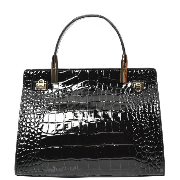 Womens Real Leather Handbag Glossy Embossed Pattern Zip Top Twin Handle Style Ophelia Black