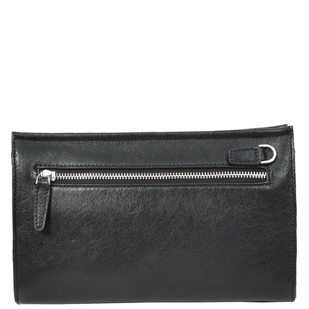 Mens Leather Wrist Clutch Bag Travel Organiser with Detachable Long Strap Murse Black