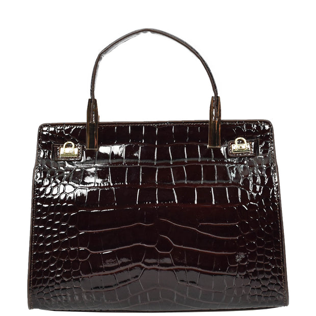 Womens Real Leather Handbag Glossy Embossed Pattern Zip Top Twin Handle Style Ophelia Coffee