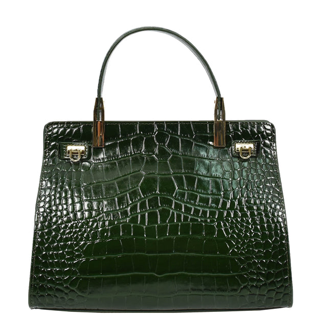 Womens Real Leather Handbag Glossy Embossed Pattern Zip Top Twin Handle Style Ophelia Green
