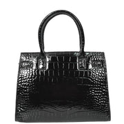 Womens Real Leather Handbag Glossy Embossed Pattern Zip Top Twin Handle Style Perry Black