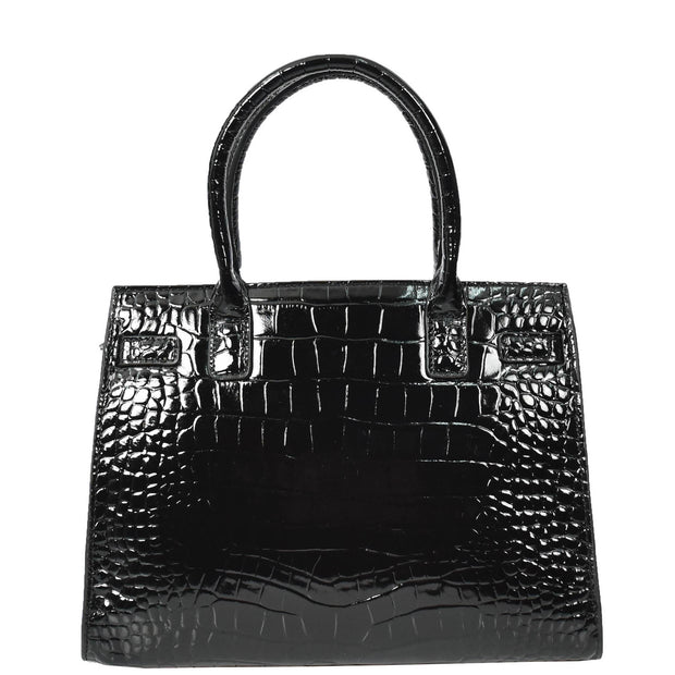 Womens Real Leather Handbag Glossy Embossed Pattern Zip Top Twin Handle Style Perry Black