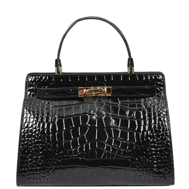 Womens Real Leather Handbag Glossy Embossed Pattern Zip Top Twin Handle Style Ophelia Black