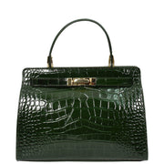 Womens Real Leather Handbag Glossy Embossed Pattern Zip Top Twin Handle Style Ophelia Green