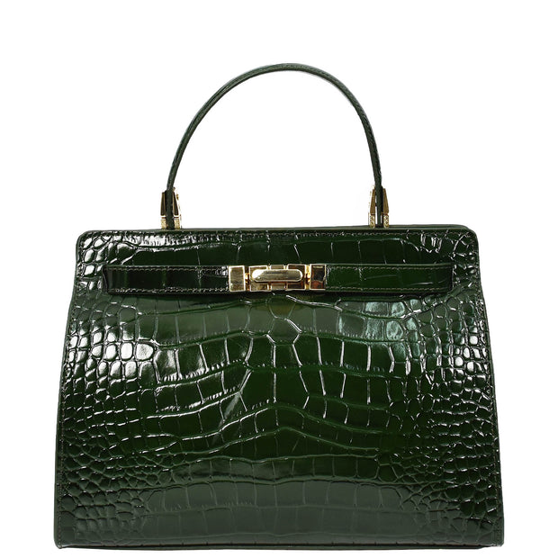 Womens Real Leather Handbag Glossy Embossed Pattern Zip Top Twin Handle Style Ophelia Green