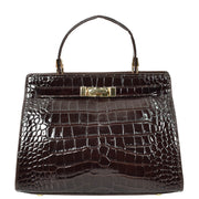 Womens Real Leather Handbag Glossy Embossed Pattern Zip Top Twin Handle Style Ophelia Coffee