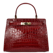 Womens Real Leather Handbag Glossy Embossed Pattern Zip Top Twin Handle Style Ophelia Burgundy