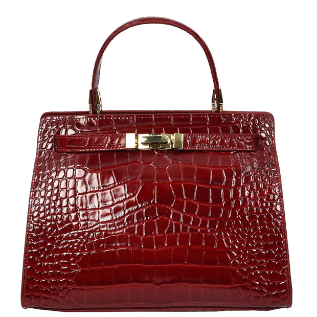 Womens Real Leather Handbag Glossy Embossed Pattern Zip Top Twin Handle Style Ophelia Burgundy