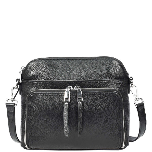 Womens Leather Crossbody Bag Multi-Pocket Shoulder Handbag Slim Sling Messenger June Black