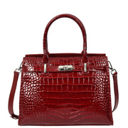 Womens Real Leather Handbag Glossy Embossed Pattern Zip Top Twin Handle Style Perry Red