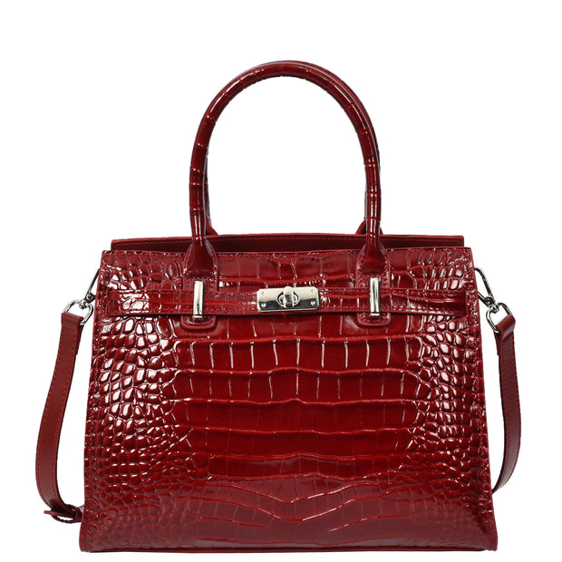 Womens Real Leather Handbag Glossy Embossed Pattern Zip Top Twin Handle Style Perry Red