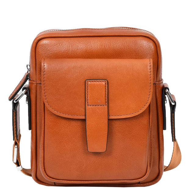 Mens Genuine Leather Cross Body Bag Small Size Flight Messenger Travel Bag Lucky Tan
