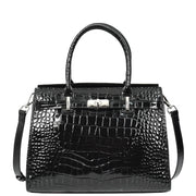 Womens Real Leather Handbag Glossy Embossed Pattern Zip Top Twin Handle Style Perry Black
