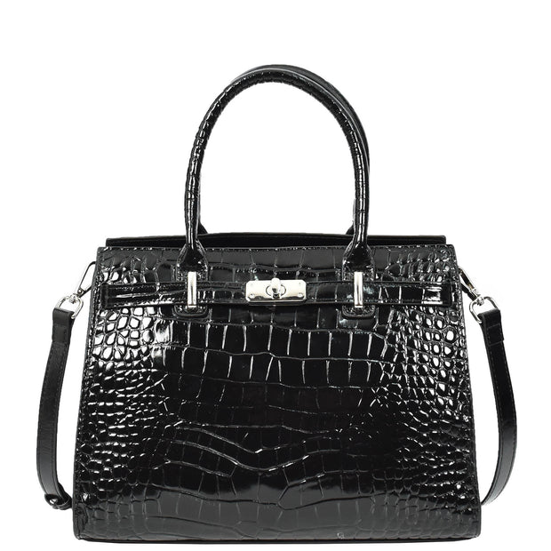 Womens Real Leather Handbag Glossy Embossed Pattern Zip Top Twin Handle Style Perry Black