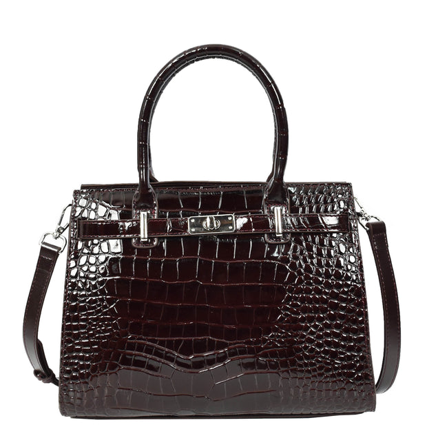Womens Real Leather Handbag Glossy Embossed Pattern Zip Top Twin Handle Style Perry Coffee