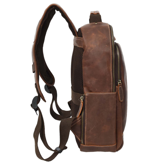 Real Leather Backpack Laptop USB Port Multiple Pockets Rucksack A176 Rust Brown