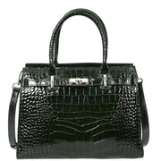 Womens Real Leather Handbag Glossy Embossed Pattern Zip Top Twin Handle Style Perry Green