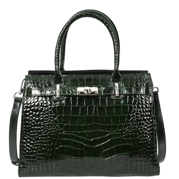 Womens Real Leather Handbag Glossy Embossed Pattern Zip Top Twin Handle Style Perry Green