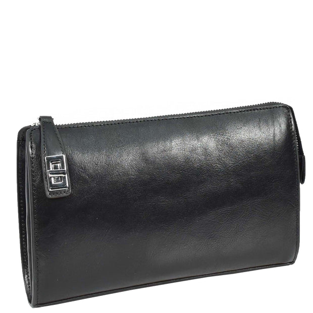 Real Leather Mens Wrist Organiser Zip Top Business Travel Clutch Bag Caba Black