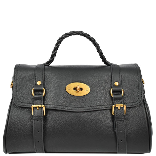 Womens Leather Handbag Top Handle Satchel with Braided Handle Casual Fashion Bag Swag Black