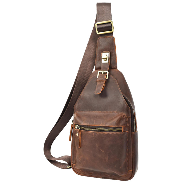 Trendy Real Leather Crossbody Bag Chest Pack Sling Bag Travel organiser for Men A095 Rust Brown