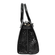 Womens Real Leather Handbag Glossy Embossed Pattern Zip Top Twin Handle Style Perry Black