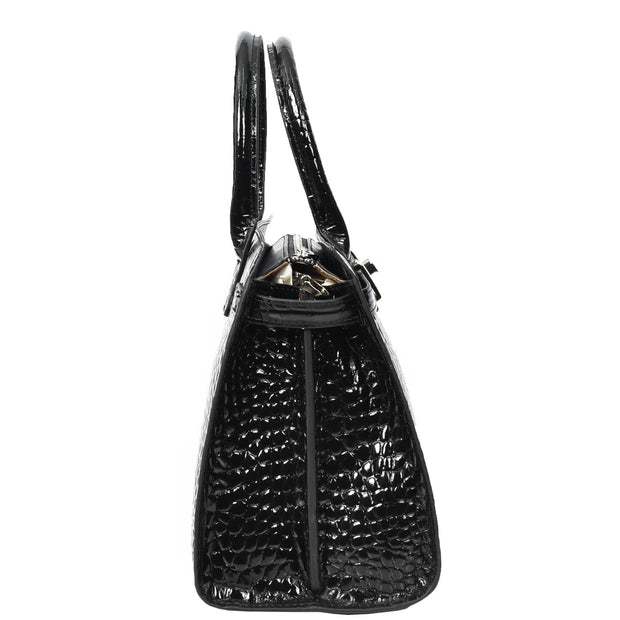 Womens Real Leather Handbag Glossy Embossed Pattern Zip Top Twin Handle Style Perry Black