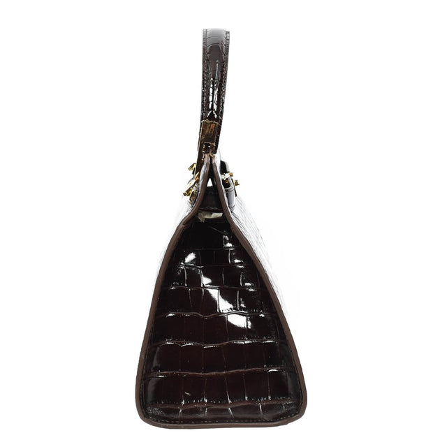 Womens Real Leather Handbag Glossy Embossed Pattern Zip Top Twin Handle Style Ophelia Coffee