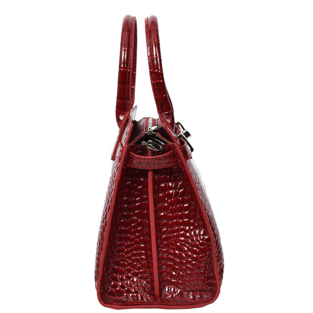 Womens Real Leather Handbag Glossy Embossed Pattern Zip Top Twin Handle Style Perry Red
