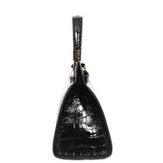 Womens Real Leather Handbag Glossy Embossed Pattern Zip Top Twin Handle Style Ophelia Black