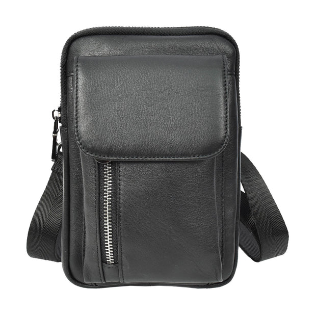 Mens Real Leather Small Wrist Bag Travel Mobile Sling Bag Organiser Pouch AB101 Black