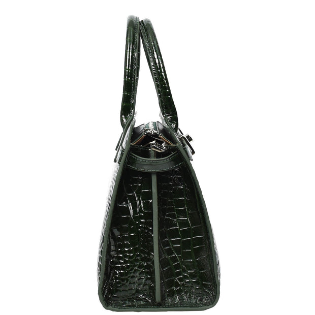 Womens Real Leather Handbag Glossy Embossed Pattern Zip Top Twin Handle Style Perry Green