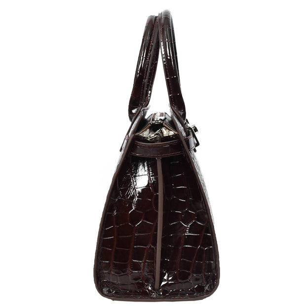 Womens Real Leather Handbag Glossy Embossed Pattern Zip Top Twin Handle Style Perry Coffee