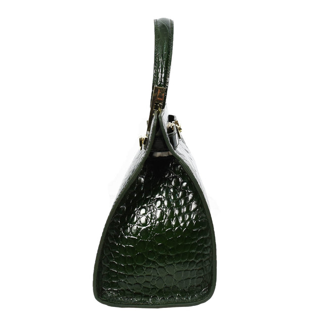 Womens Real Leather Handbag Glossy Embossed Pattern Zip Top Twin Handle Style Ophelia Green