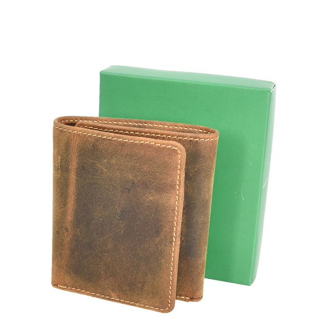 Mens Genuine Leather Tri-fold Wallet RFID Safe Multiple Card Slots ID Window with Gift Box A007 Oil Tan