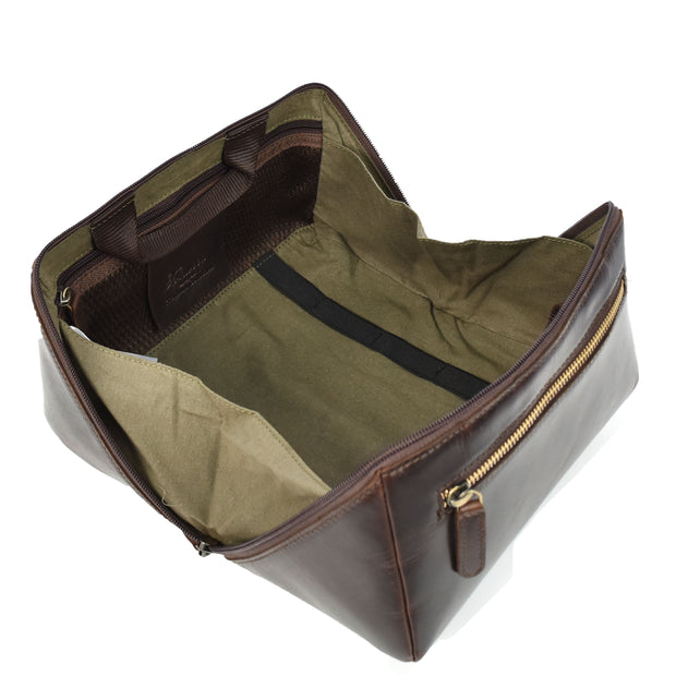 Leather Toiletry Bag Brown Travel Wash Bag, Men's Cosmetic and Shaving Kit Organiser with Multiple Zipped Compartments Unity