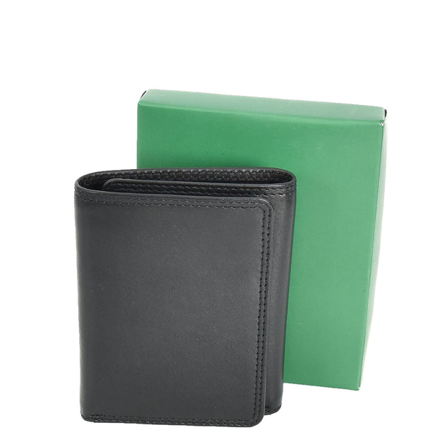 Mens Leather Trifold Wallet Slim with RFID Blocking ID Window Multiple Card Slots Gift Boxed - John Black