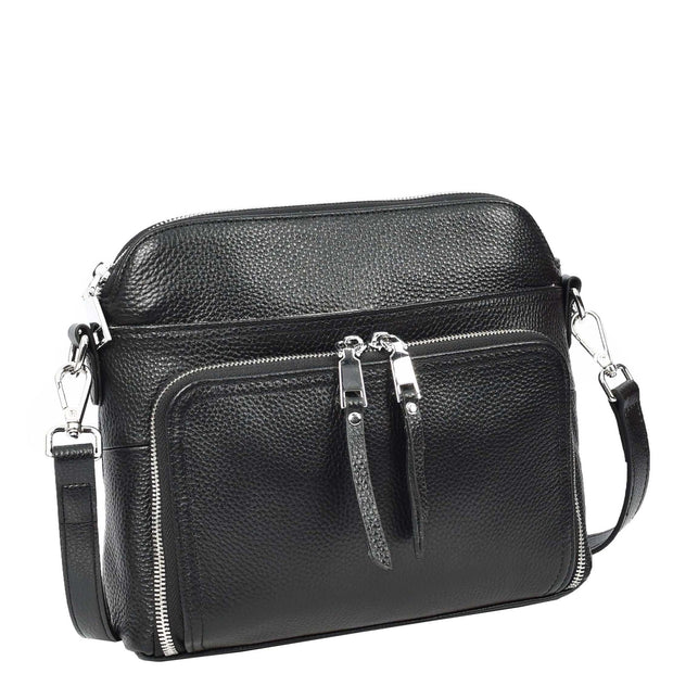 Womens Leather Crossbody Bag Multi-Pocket Shoulder Handbag Slim Sling Messenger June Black