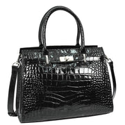 Womens Real Leather Handbag Glossy Embossed Pattern Zip Top Twin Handle Style Perry Black