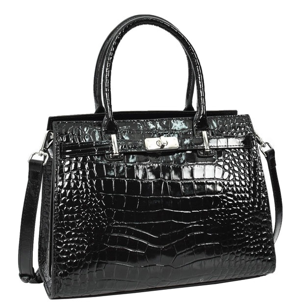 Womens Real Leather Handbag Glossy Embossed Pattern Zip Top Twin Handle Style Perry Black