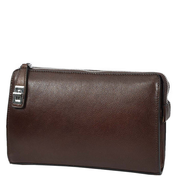 Real Leather Mens Wrist Organiser Zip Top Business Travel Clutch Bag Caba Brown