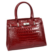 Womens Real Leather Handbag Glossy Embossed Pattern Zip Top Twin Handle Style Perry Red