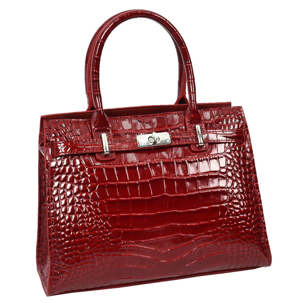 Womens Real Leather Handbag Glossy Embossed Pattern Zip Top Twin Handle Style Perry Red