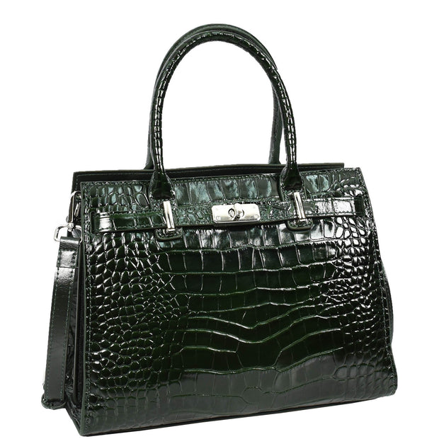 Womens Real Leather Handbag Glossy Embossed Pattern Zip Top Twin Handle Style Perry Green