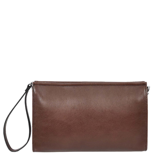 Mens Leather Wrist Clutch Bag Travel Organiser with Detachable Long Strap Murse Brown