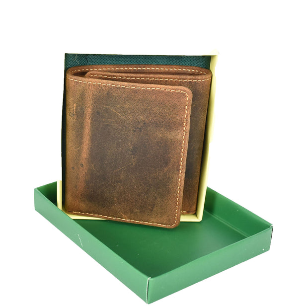 Mens Genuine Leather Tri-fold Wallet RFID Safe Multiple Card Slots ID Window with Gift Box A007 Oil Tan