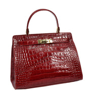 Womens Real Leather Handbag Glossy Embossed Pattern Zip Top Twin Handle Style Ophelia Burgundy