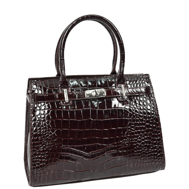 Womens Real Leather Handbag Glossy Embossed Pattern Zip Top Twin Handle Style Perry Coffee