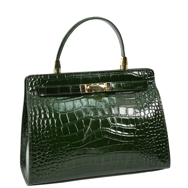 Womens Real Leather Handbag Glossy Embossed Pattern Zip Top Twin Handle Style Ophelia Green